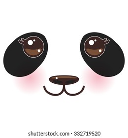 Kawaii funny panda white muzzle with pink cheeks and big black eyes  on white background. Vector
