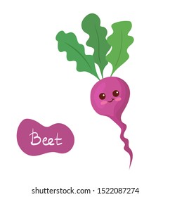 Kawaii Funny Pink Beetroot funny vector illustration in flat cartoon style. Cute happy healthy vegetables character isolated on white background with hand drawing lettering doodle. Kids menu concept.