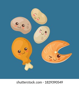 Kawaii funny Potato, Salmon Steak & Chicken Leg vector illustration. Restaurant, grill bar kids menu, shop, card, stickers concept. Happy smiling healthy & protein rich food mascot. Meat & fish meal.
