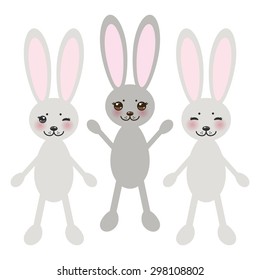 Kawaii funny rabbit on white background with pink cheeks and big black eyes. Vector