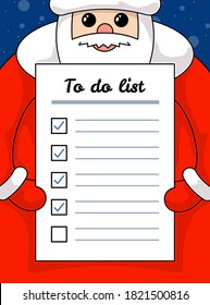 Kawaii funny Santa Claus holding letter to do list paper. Christmas and Happy New Year holiday task and promises plan empty form cartoon vector eps illustration