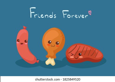 Kawaii divertida Sausage, ilustración vectorial de carne a la parrilla y pierna de pollo. Amigos que siempre escriben. Menú infantil de bar parrilladas, tienda, carta, autoadhesivos. Feliz sonriente mascota alimenticia rica en proteínas.