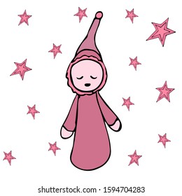 Kawaii funny sleeping baby in pink clothes. Cute character surrounded by stars, hand-drawn. Vector illustration. White isolated background
