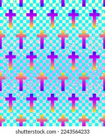 Kawaii funny spooky chequer seamless pattern. Halloween wrapping paper background in neon pastel colors. Cute gothic style. Vanilla rainbow concept.