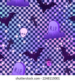 Kawaii funny spooky seamless pattern with chequer. Halloween wrapping paper background, neon pastel colors. Cute gothic style. Vanilla rainbow concept.
