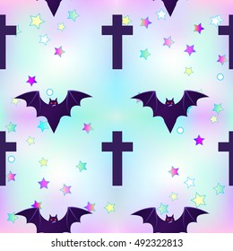 Kawaii funny spooky seamless pattern. Halloween wrapping paper background in neon pastel colors. Cute gothic style. Vanilla rainbow concept.