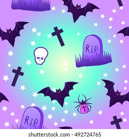 Kawaii funny spooky seamless pattern. Halloween wrapping paper background in neon pastel colors. Cute gothic style. Vanilla rainbow concept.