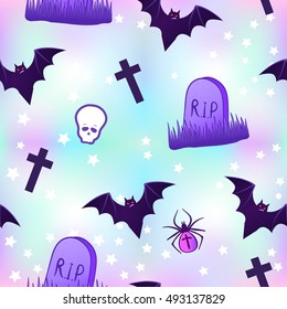 Kawaii funny spooky seamless pattern. Halloween wrapping paper background in neon pastel colors. Cute gothic style. Vanilla rainbow concept.