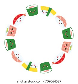 Kawaii funny sushi set with pink cheeks and big eyes, emoji card banner design round frame wreath for text isolated on white background. Vector
