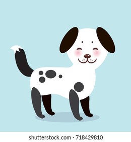 Kawaii funny white black dog, face with pink cheeks, on blue background. Vector illustration