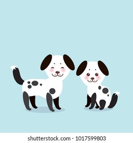 Kawaii funny white black dogs, face with pink cheeks, on blue background. Vector