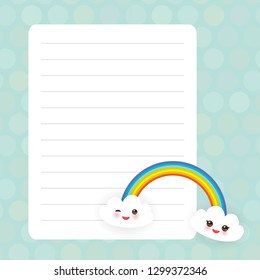 Kawaii funny white clouds, muzzle with pink cheeks and winking eyes, rainbow. Card design with blue pastel colors polka dot lined page notebook, template, blank, planner background. Vector