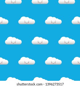 Kawaii funny white clouds with pink cheeks and winking eyes. Seamless pattern on blue background.