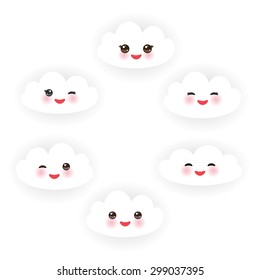 Kawaii funny white clouds set, muzzle with pink cheeks and winking eyes  on white background. Vector
