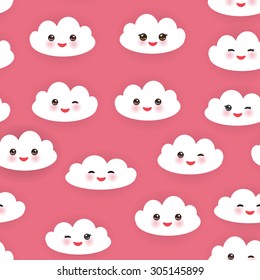Kawaii funny white clouds set, muzzle with pink cheeks and winking eyes. Seamless pattern  on pink background. Vector