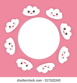 Kawaii funny white clouds set, muzzle with pink cheeks and winking eyes. round frame on pink background. Vector