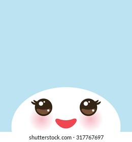 Kawaii funny white muzzle with pink cheeks and eyes on light blue background. Vector