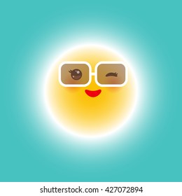 Kawaii funny yellow sun with sunglasses pink cheeks and eyes on blue sky background. Hot summer day. Bright sun and blue sky without clouds. Vector