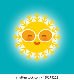 Kawaii funny yellow sun with sunglasses pink cheeks and eyes on blue sky background. Hot summer day. Bright sun and blue sky without clouds. Vector