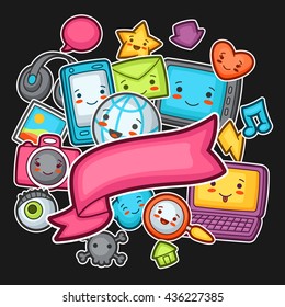Kawaii gadgets social network background. Doodles with pretty facial expression. Illustration of phone, tablet, globe, camera, laptop, headphones and other.