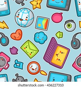 Kawaii gadgets social network seamless pattern. Doodles with pretty facial expression. Illustration of phone, tablet, globe, camera, laptop, headphones and other.