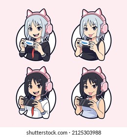 Kawaii gamer girl esport sticker set, Gaming character mascot logo vector