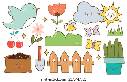 Kawaii garden doodle set vector