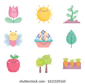 kawaii gardening cartoon characters tools collection vector illustration