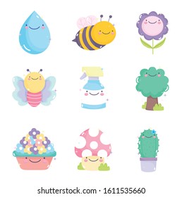 kawaii gardening cartoon characters tools collection vector illustration