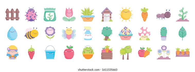 kawaii gardening cartoon characters tools collection vector illustration