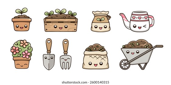 Kawaii Gardening clipart set. Happy potted plants, garden items and planting tools. Cute spring summer digital stickers cartoon illustration.