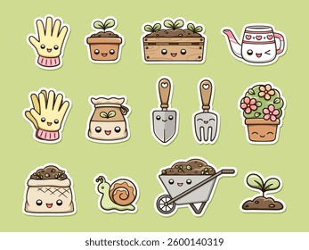 Kawaii gardening clipart set. Happy potted plants, garden items and planting tools. Cute spring summer digital stickers cartoon illustration.