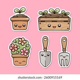Kawaii Gardening clipart set. Happy potted plants and botanical planting tools. Cute spring summer digital stickers cartoon illustration.