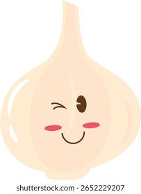 Personagem Kawaii Alho Desenho Animado com Expressão Piscando Ilustração Plana