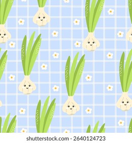 Kawaii garlic characters in vector seamless pattern. Great for farm food themes, vegan illustrations, and playful packaging