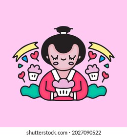kawaii geisha holding cupcake. illustration for t shirt, sticker, or apparel merchandise.