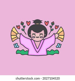 kawaii geisha holding hand fan. illustration for t shirt, poster, logo, sticker, or apparel merchandise.