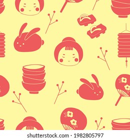 Kawaii Geisha, rabbit, geta shoes, plates, paper chinese lantern seamless pattern. Doodle geisha and asian rabbit seamless background pattern.  Japanese doodle cute print design for paper, fabric.