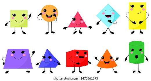 kawaii geometric shapes. Funny characters for kids in the form of a rhombus, circle, square, triangle, rectangle, trapezoid, pyramid, cube, cone, cylinder.