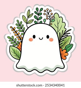 Kawaii ghost with autumn florals, isolated object.