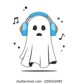 Kawaii Ghost Boo Listening Music Using Headphones. Happy Halloween. Cute Cartoon Spooky Character. Vector Illustration