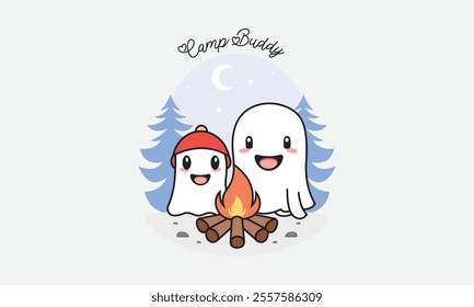 Kawaii Ghost Camp Buddy, Ready To Print Camping Vector T Shirt Design Template, Wall Art, Mug, Sticker, Banner, Tee, Hoodie, Printable, Illustration