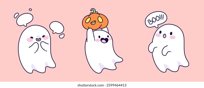 Kawaii ghost characters with cute faces - blushing cheeks with empty speech bubbles, holding pumpkin lantern, scaring with Boo cloud. Cartoon funny Halloween illustration of playful spooky spirits.