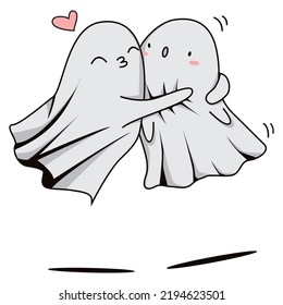 Pareja fantasma Kawaii abrazando el amor. Feliz Halloween. Un personaje espeluznante de dibujos animados. Ilustración del vector