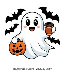 Kawaii ghost drinking coffee cup. Happy Halloween. Cute cartoon spooky character. Vector illustration
