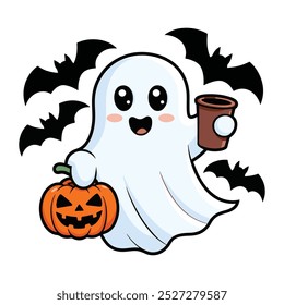 Kawaii ghost drinking coffee cup. Happy Halloween. Cute cartoon spooky character. Vector illustration
