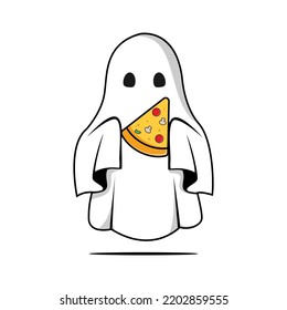 El fantasma de Kawaii comiendo pizza. Feliz Halloween. Un personaje espeluznante de dibujos animados. Ilustración del vector	