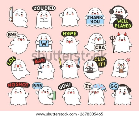 Kawaii ghost emotes set 2 with adorable cartoon gaming and streaming reactions Vector Illustration