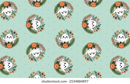 Kawaii ghost and floral pattern for textiles.