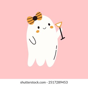 Garota fantasma Kawaii com copo de coquetel. Personagem feliz engraçado assustador. Fantasma voador bonito Halloween. Personagem fantasma infantil para crianças. Ilustração desenhada à mão plana com vetor